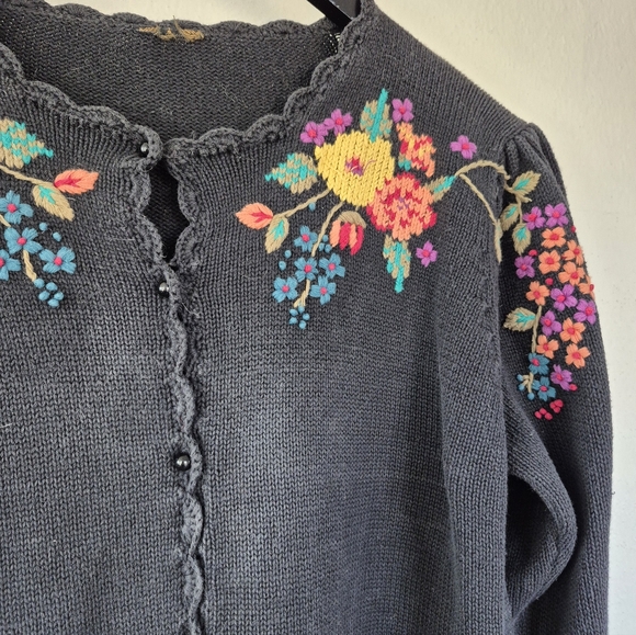 100% Cotton Adorable Cottagecore Vintage Cardigan Embroidered Flowers Medium - Picture 4 of 8
